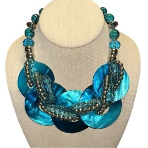 Blue Capiz Shell Statement Necklace with Braided Beads